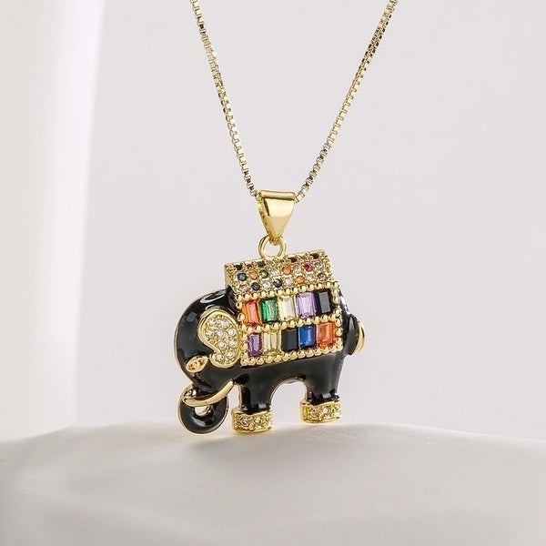 Fashion Elephant Copper Enamel Gold Plated Zircon Pendant Necklace 1 Pair