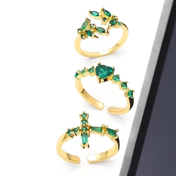 Fashion Emerald Malachite Green Zircon Green Diamond Cross Heart-shaped Ring Copper