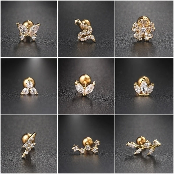 Fashion Flower Snake Butterfly Copper Plating Inlay Zircon Ear Studs 1 Piece