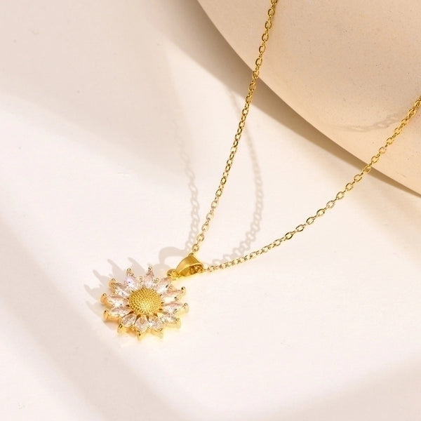 Fashion Flower Stainless Steel Inlay Zircon Pendant Necklace