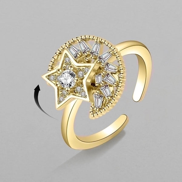 Fashion Golden Star Moon Zircon Rotating Copper Open Ring