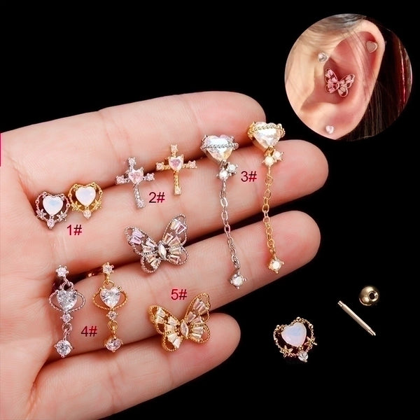 Fashion Heart Shape Butterfly Stainless Steel Inlay Zircon Ear Studs 1 Piece