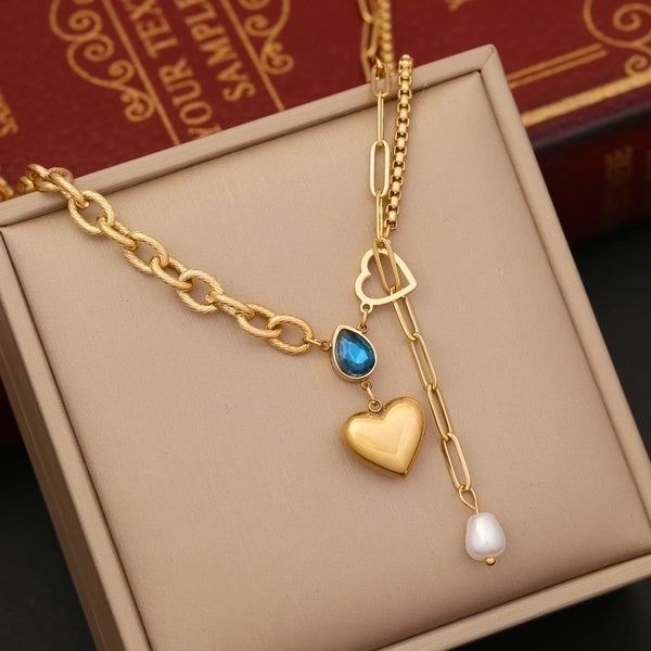 Fashion Heart Shape Stainless Steel Pearl Plating Inlay Zircon Bracelets Earrings Necklace