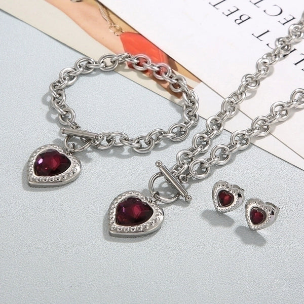 Fashion Heart Shape Stainless Steel Plating Inlay Glass Bracelets Earrings Necklace