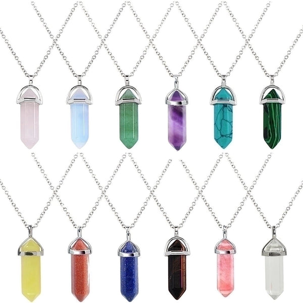 Fashion Hexagon Prism Alloy Natural Stone Cable Chain Pendant Necklace In Bulk