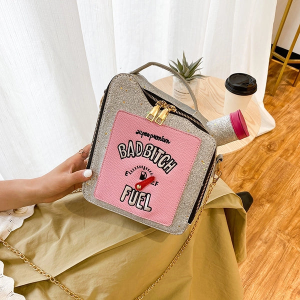 Fashion Laser Sequin Embroidery Letter Oil Can Creative Messenger Bag