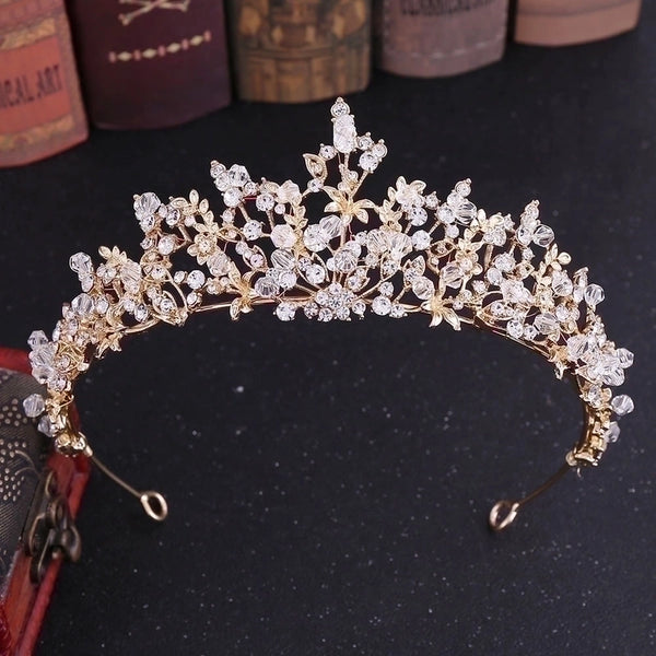 Fashion Leaf Flower Alloy Hollow Out Inlay Crystal Rhinestones Crown 1 Piece