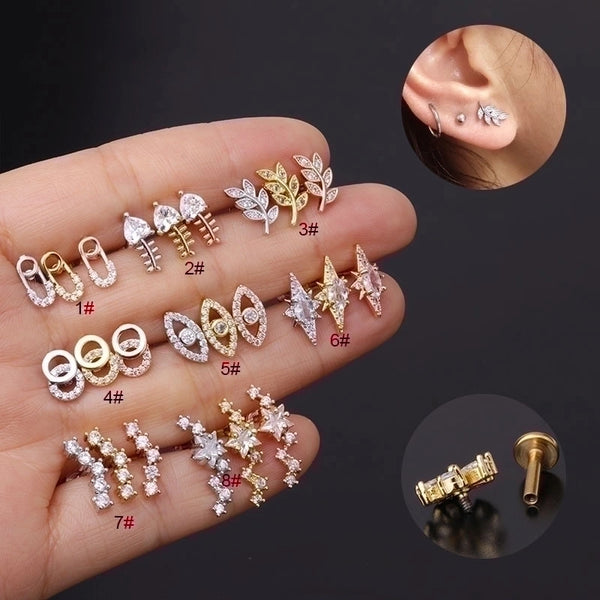 Ear Cartilage Rings & Studs Fashion Leaf 316L Stainless Steel  Copper Inlaid Zircon