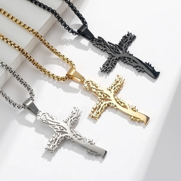 Fashion Lucky Tree Cross Male And Female Wear Pendant Stainless Steel Necklace