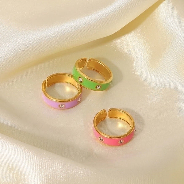 Fashion Non-fading Drip Open 18k Gold Stainless Steel Inlaid Zircon Purple/pink/green Ring