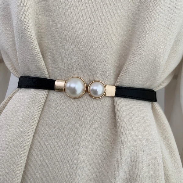 Fashion Pearl Pair Buckle Thin Waist Belt