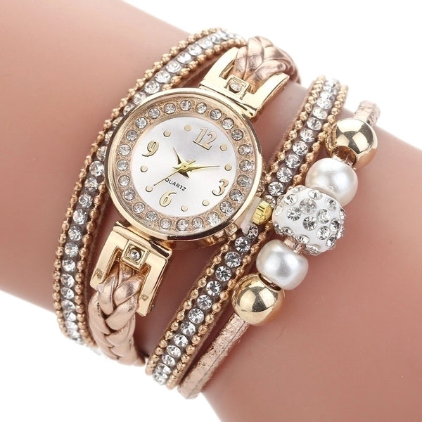 Fashion  Rhinestone Pearl Beaded Circle Pu Belt Watch