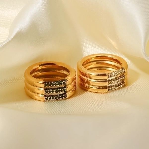 Fashion Round Stainless Steel Inlay Artificial Diamond Gold Plated Rings