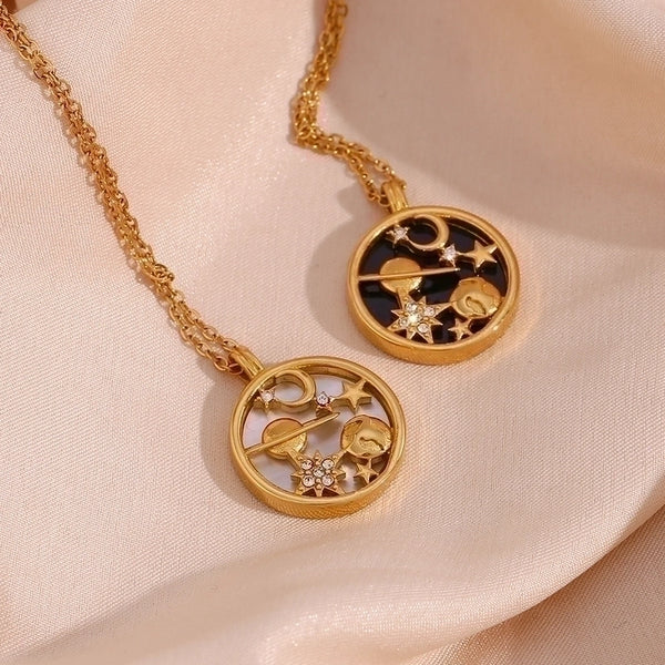 Fashion Round Star Moon Stainless Steel Inlay Rhinestones 18k Gold Plated Pendant Necklace