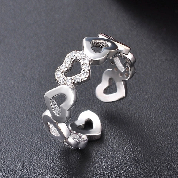 Fashion S925 Silver Hollow Heart Inlaid Zircon Heart Opening Ring