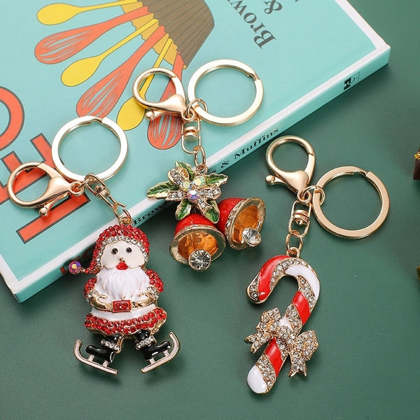 Fashion Santa Claus Bell Metal Inlay Rhinestones Unisex Bag Pendant Keychain 1 Piece