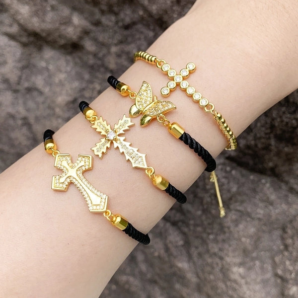 Fashion Minimalist Cross Copper Plating Inlay Zircon 18k Gold Plated Drawstring Bracelets