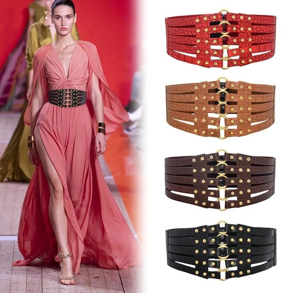 Fashion Solid Color Pu Leather Metal Layered  Belt