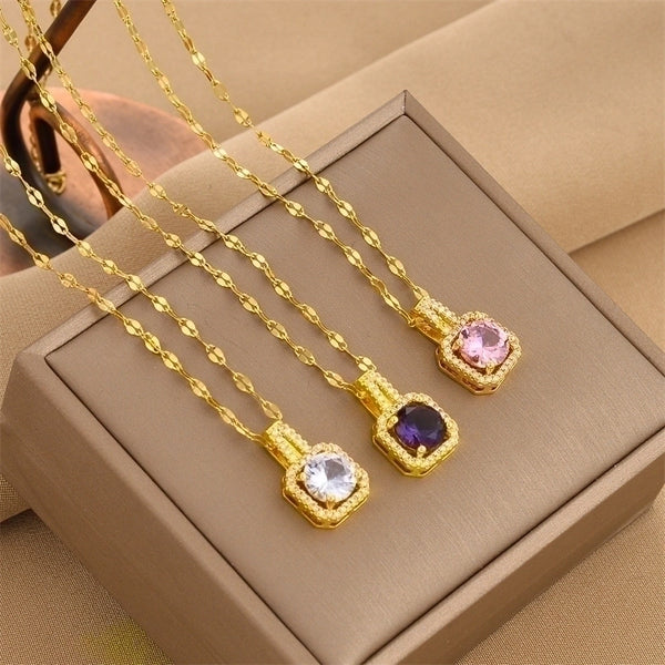 Fashion Square Titanium Steel Plating Inlay Zircon Pendant Necklace 1 Piece