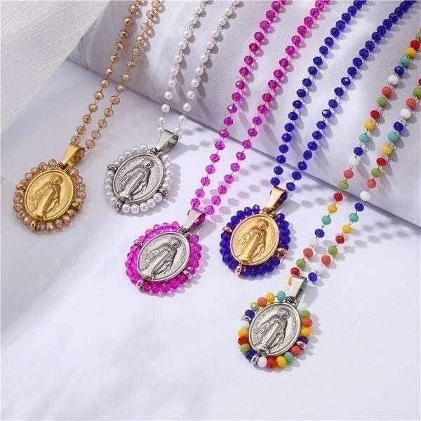 Fashion Stainless Steel Virgin Pendent Colorful Glass Beads Necklace Wholesale