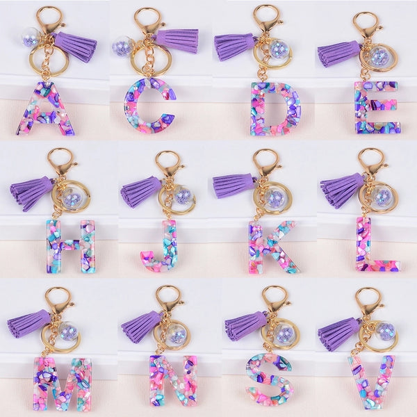 Fashion Style 26 English Letters Keychain Crystal Epoxy Color Stone Letter Tassel Pendant Bag