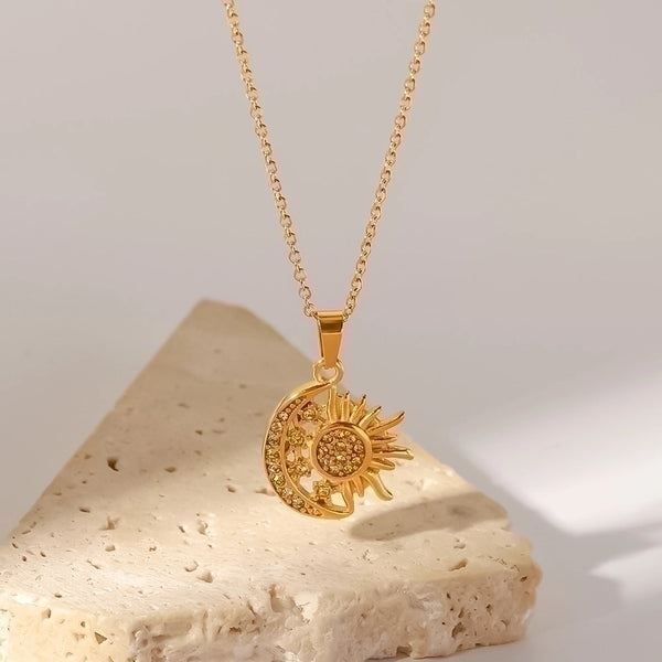 Fashion Sun Star Moon Stainless Steel Necklace Gold Plated Zircon Stainless Steel Necklaces