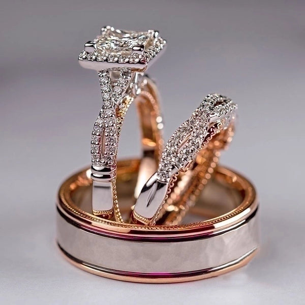 Fashion Three-piece Ring Rose Gold Sparkling Zircon Copper Ring Luxury Engagement Ring