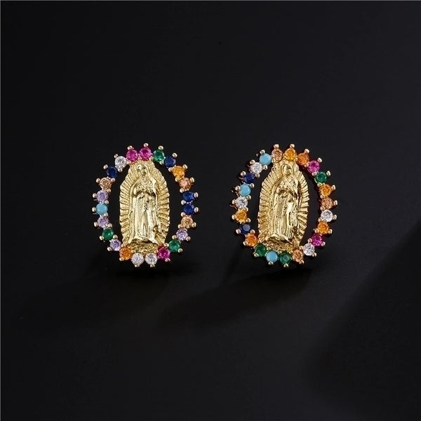 Fashion Virgin Mary Copper Plated Gold Micro-inlaid Zircon Earrings