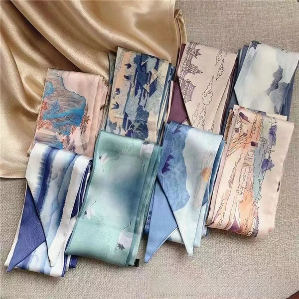 French Silk Scarf Bow Tie Hair Retro National Style Oil Painting Silk Scarf Hair Band Female Tie Scarf Long Ribbon Korean Style