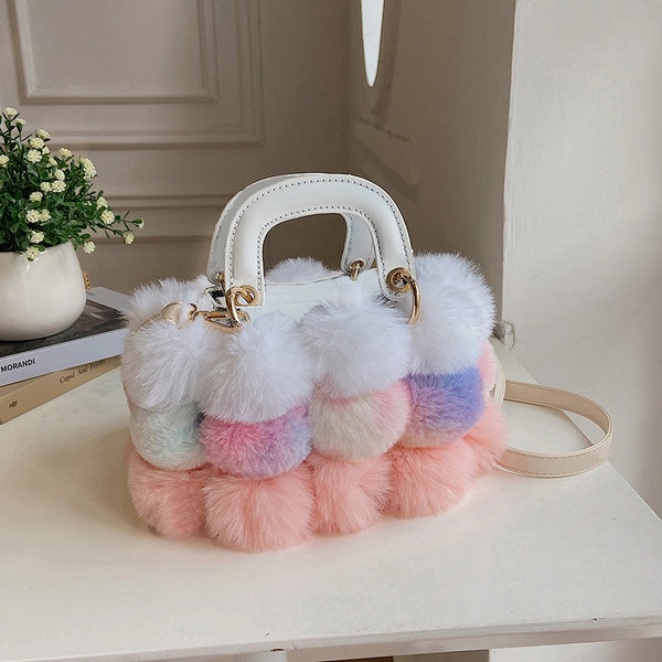 Fur Dinner Bag Fashion Stitching Contrast Color Fur Ball Handbag  Winter New Small Square Bag Shoulder Messenger Bag