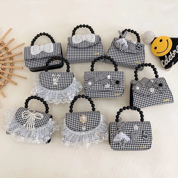 Girl's Pu Leather Houndstooth Cartoon Cute Square Magnetic Buckle Handbag