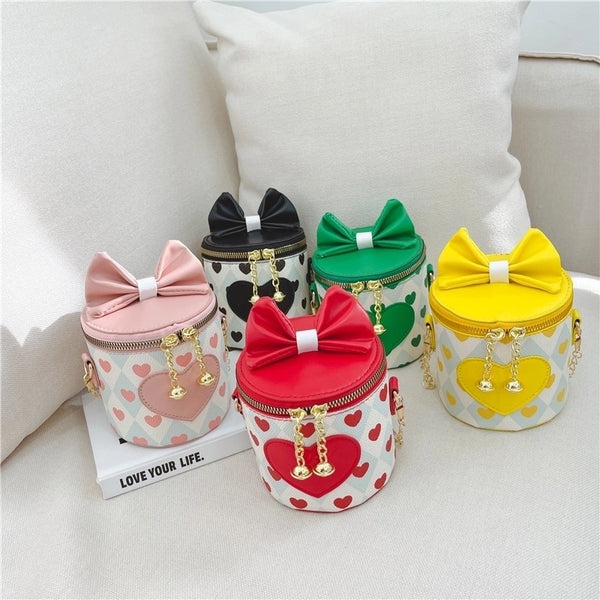 Girl's Small Pu Leather Heart Shape Bow Knot Cute Bucket Zipper Crossbody Bag Bucket Bag Chain Bag