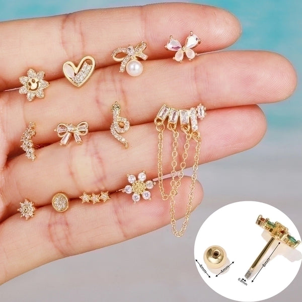 Glam Geometric Brass Inlay Zircon Ear Studs 1 Piece