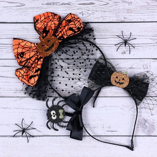 Halloween Funny Kid'S Pumpkin Bow Knot Mesh Lace Hair Band