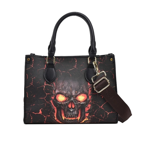 Halloween Women's Large Pu Leather Skull Streetwear Square Zipper Tote Bag