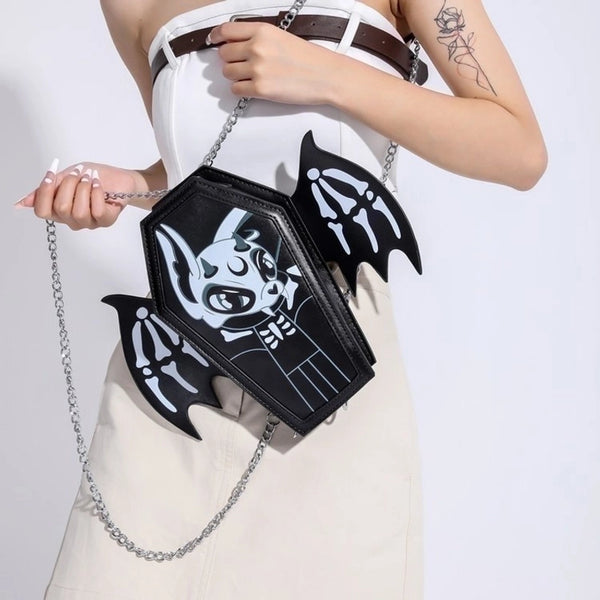 Halloween Women's Small Pu Leather Cartoon Bat Punk Zipper Square Bag