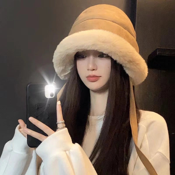 Hat Female Autumn And Winter Fisherman Hat Face-looking Small Double-layer Thick Plush Warm Hat Cold-proof Windproof Ear Protection Basin Hat Female