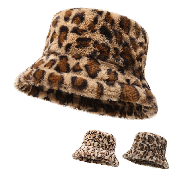 Hat Women's Winter Face-looking Leopard Print Fisherman Hat Women's Warm Basin Hat Plush Bucket Hat