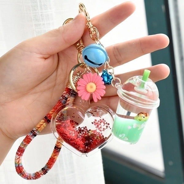 Heart-shaped Sequins Quicksand Flower Pendant Keychain