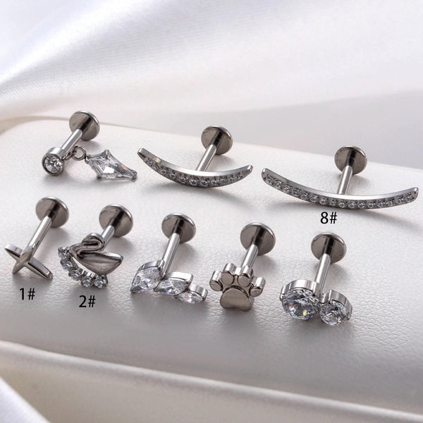 Henson F136 Titanium Alloy Ear Bone Nail Micro Inlaid Zircon Flat Bottom Rod Inner Tooth Screw Earring High Quality Piercing Earring