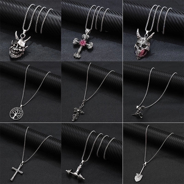 Hip-hop Punk Cross Tree Skull Stainless Steel Alloy Plating Silver Plated Pendant Necklace