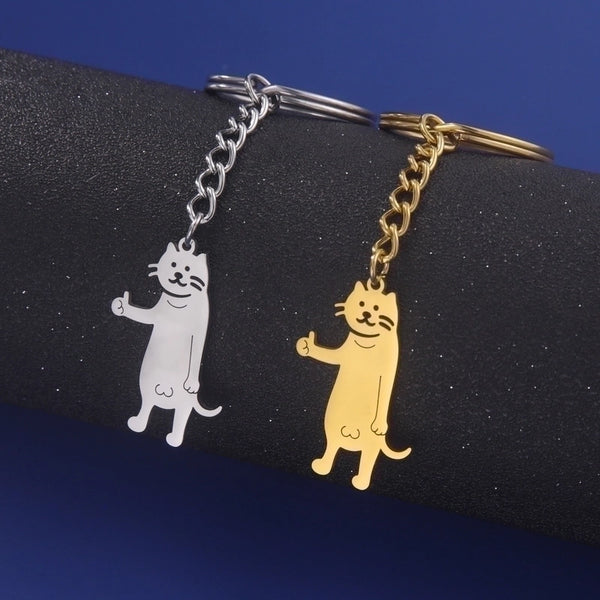 Hot Selling Cartoon Titanium Steel Cut Cute Thumbs-up Kitten Pendant 304 Material Stainless Steel Key Ring