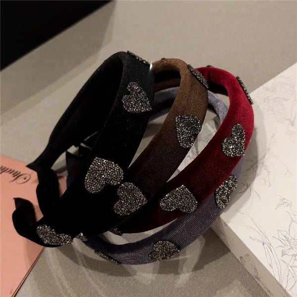 IG Style Women's Heart Shape Velvet Inlay Rhinestones Hair Band