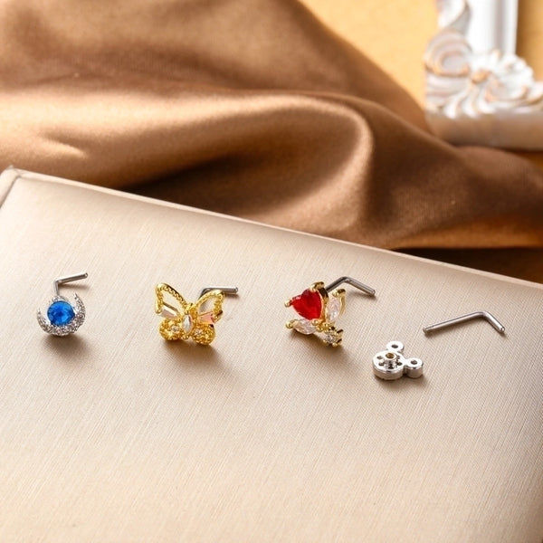 Ig Style Classic Style Animal Heart Shape Bow Knot Stainless Steel Copper 18k Gold Plated Zircon Nose Studs In Bulk