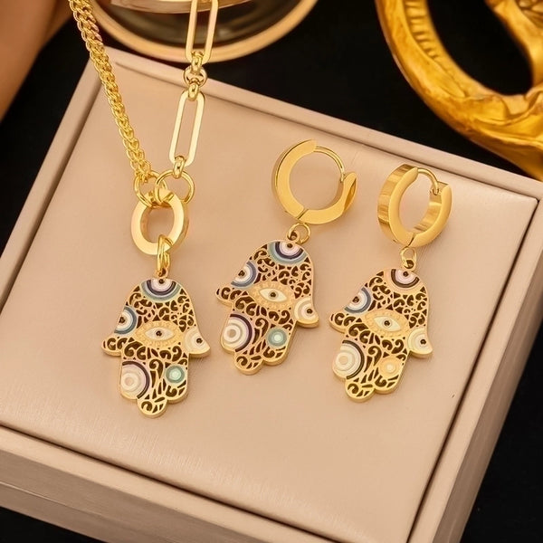 Ig Style Ethnic Style Devil's Eye Palm Titanium Steel Drip Glazed Plating Inlay Zircon 18k Gold Plated Bracelets Earrings Necklace