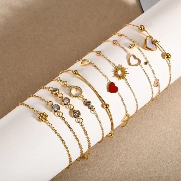 Ig Style Korean Style Round Heart Shape Flower Stainless Steel Plating Inlay Zircon 18k Gold Plated Bracelets