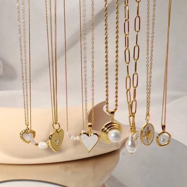 Ig Style Round Oval Heart Shape Stainless Steel Imitation Pearl Plating Inlay Shell 18k Gold Plated Pendant Necklace