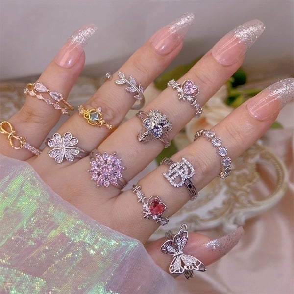 Ig Style Shiny Leaf Heart Shape Skull Copper Plating Inlay Zircon Open Rings