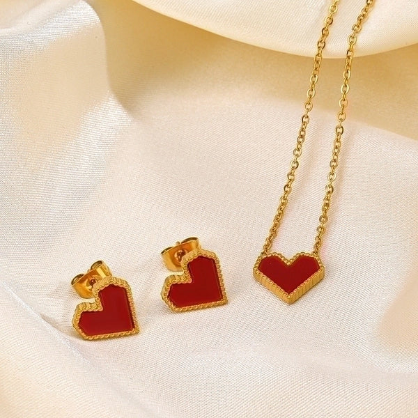 Ig Style Simple Style Heart Shape Stainless Steel Plating Inlay Artificial Gemstones 18k Gold Plated Earrings Necklace