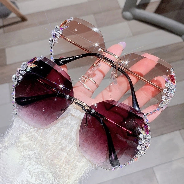 Ig Style Solid Color Resin Square Inlay Diamond Frameless Women's Sunglasses